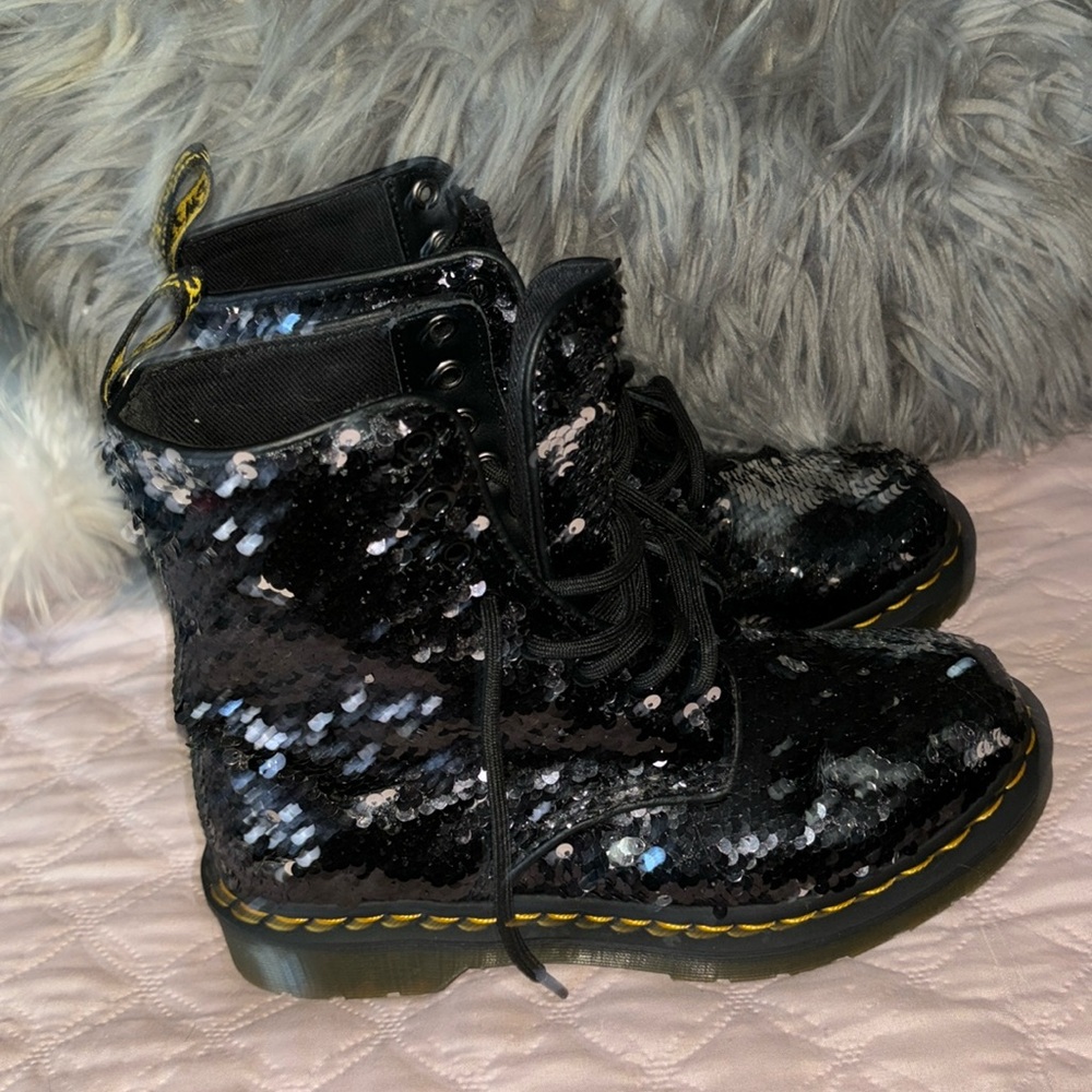 DrMarten blk/silv. sequin boots great fashion piece compliments ready.worn once